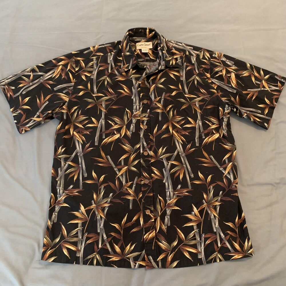 Cooke Street Honolulu Shirt Mens Large Black Bamboo Hawaiian Aloha Cotton Camp